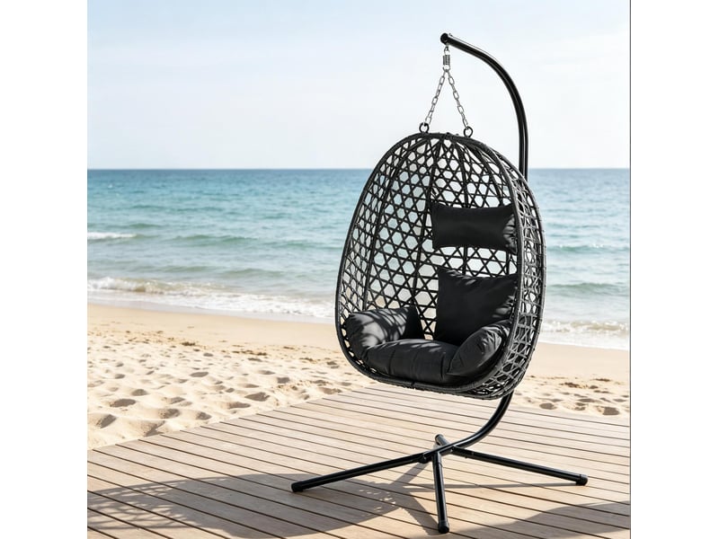 Chaise suspendue 105x105x195 cm anthracite en métal et pe rotin, hauteur réglable et support inclus - Conforama E