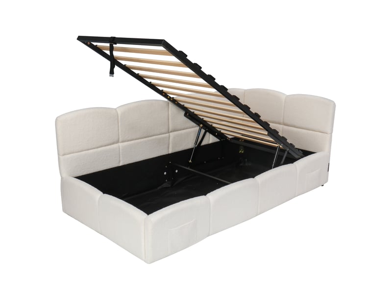  Lit rembourré, lit enfant, lit simple, lit coffre, canapé-lit 90x200 cm, avec sommier à lattes, tissu bouclé, chargeur usb, sac de rangement, lit junior et lit adulteenfant, beige (sans matelas)  - Conforama D