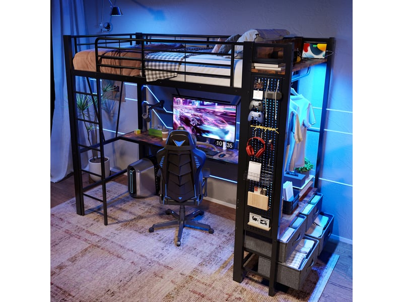  Lit mezzanine 90x200cm coloris noir led métal lit enfant noir - Conforama E