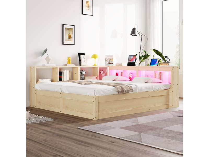  Canapé-lit 90180x200 cm, lit enfant, couchage d'appoint, rangement hydraulique, led, bois naturel, prise intégrée  - Conforama E