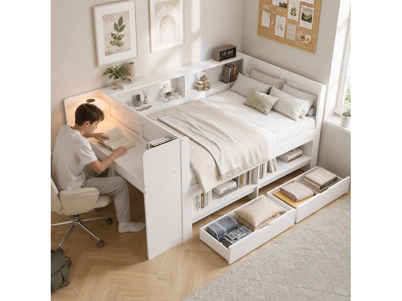 Lit combiné 120x200 cm avec bureau, rangements et 2 tiroirs blanc - Conforama B