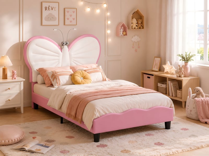 Lit enfant fille 90x190 cm, lit simple rembourré en velours avec tête de lit papillon et lampe de lecture led, hauteur réglable, rose et blanc - Conforama B