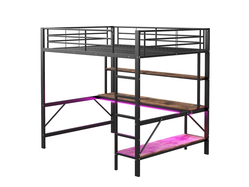 Lit mezzanine blanc 140x200 cm avec bureau, led, usb, prise et étagères - Conforama D