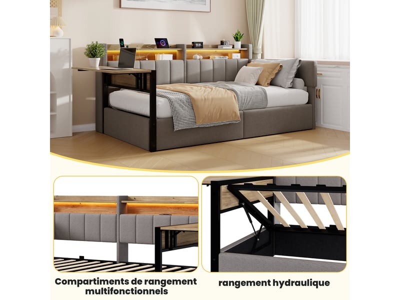 Canapé-lit coffre 90 x 200 cm - avec bande lumineuse led - avec table pliante - tables de chevet interchangeables - port usb - tissu velours - gris (matelas non inclus) - Conforama R