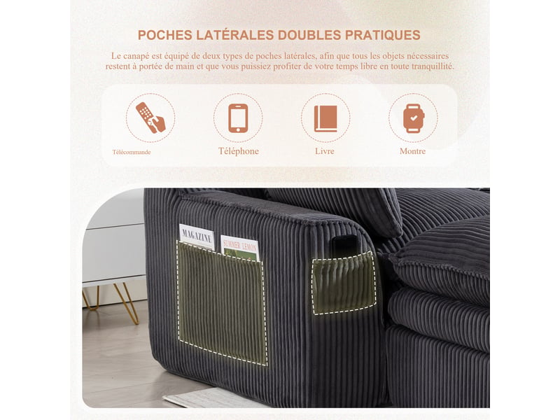  Canapé modulable 3 places en velours côtelé gris foncé 263x167x85 cm avec pouf, coussins et poches latérales 263x167x85cm - Conforama E