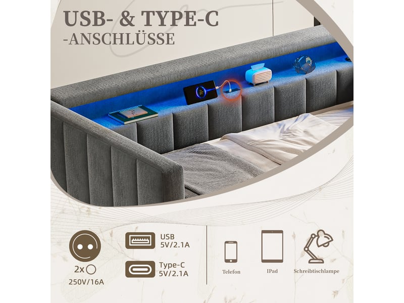  Lit gigogne enfant 90x190 cm canapé-lit avec led et rangement, velours, gris foncé, sans matelas  - Conforama D