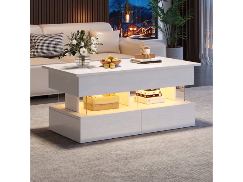  Table basse relevable blanche 100x50x46 cm – plateau réglable, rangement caché, led, 2 tiroirs, mdfacrylique  - Conforama D