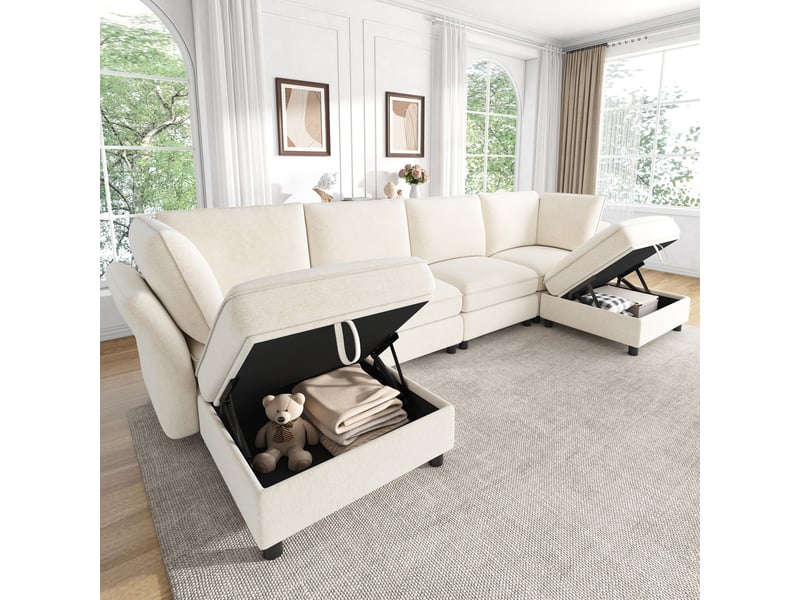  Canapé d'angle modulable en u 6 places tissu chenille beige  - Conforama E
