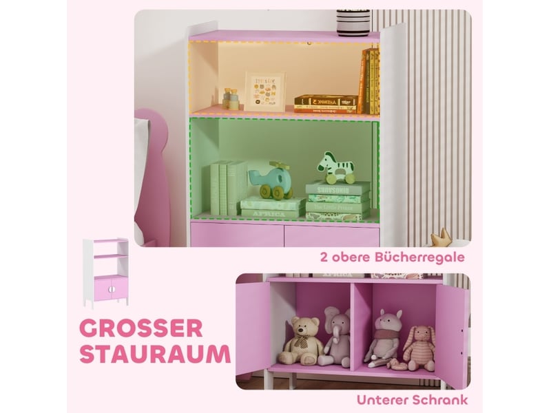  Bibliothèque enfant 60 x 35 x 100 cm rose et blanche en bois, 2 étagères, 2 placards, kit anti-basculement  - Conforama B