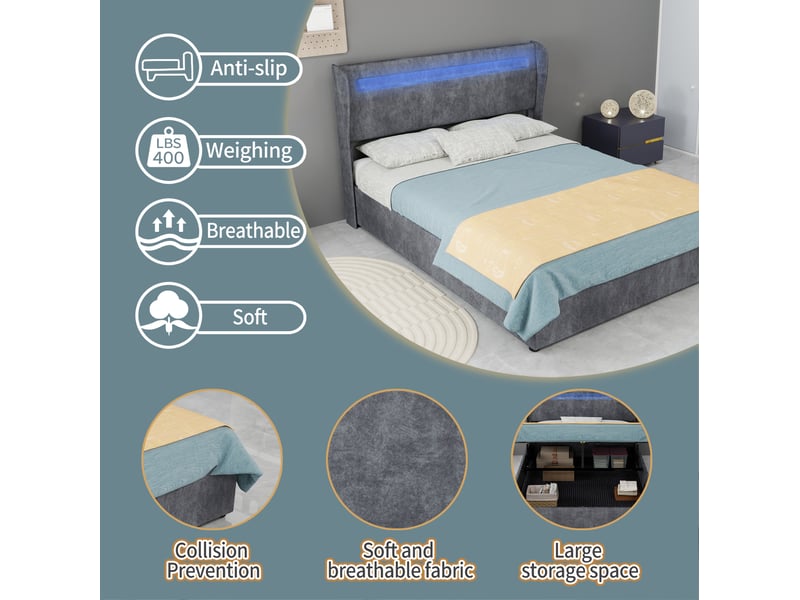  Lit rembourré 140 × 200 cm 2 places avec led réglable, tête de lit ajustable, sans matelas, tissu gris  - Conforama E