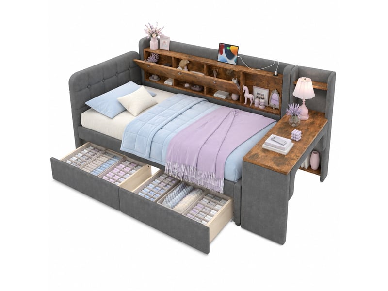  Lit banquette avec bureau modulable, 2 tiroirs, rangements à couvercle et ports usb, en lin et mdf gris, 90 x 200 cm  - Conforama A