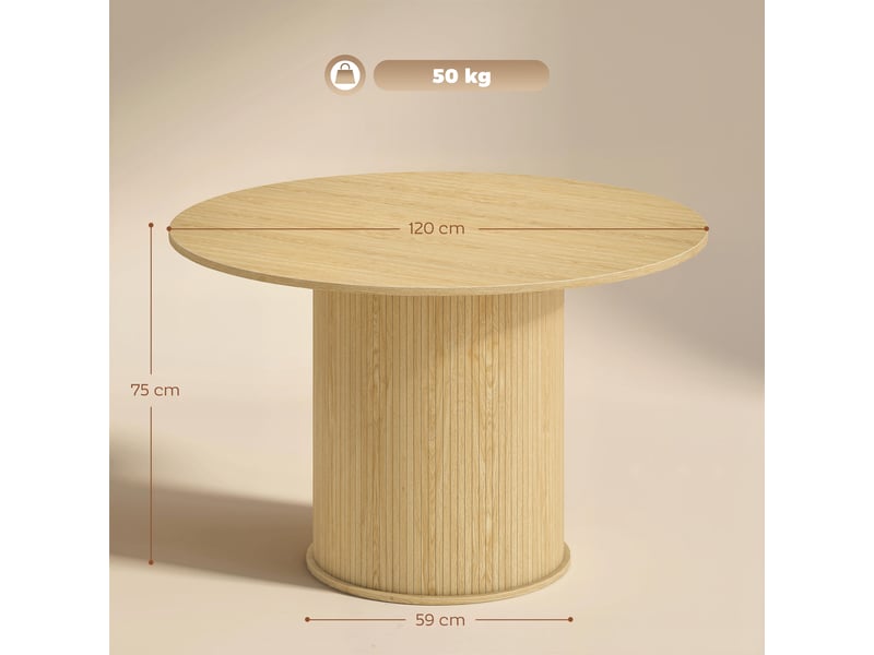  Table à manger ronde pour 5 personnes, ø 120 x 75 cm, table de cuisine avec base cylindrique cannelée, bois naturel  - Conforama E