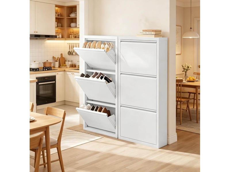  Meuble à chaussures lot de 2 en métal avec 3 abattants magnétiques et dessus pour entrée, blanc, 50 × 15 × 106 cm  - Conforama B