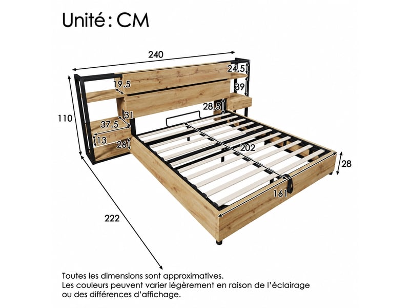  Lit coffre hydraulique avec tiroirs et usb type-c, chêne et noir, 160 x 200 cm  - Conforama C