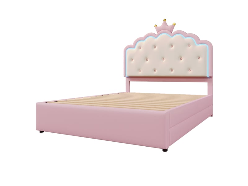  Lit 140x200 cm capitonné rose - effet princesse, éclairage d'ambiance, sommier avec 2 tiroirs, sans matelas  - Conforama A