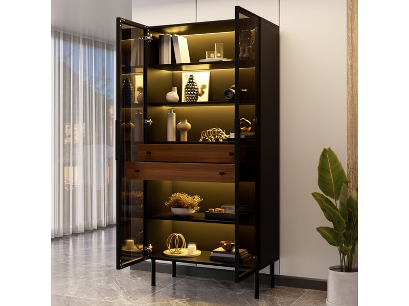  Vitrine de salon avec éclairage led app - armoire d'affichage moderne avec portes vitrées, 2 tiroirs et étagères intérieures  - Conforama C