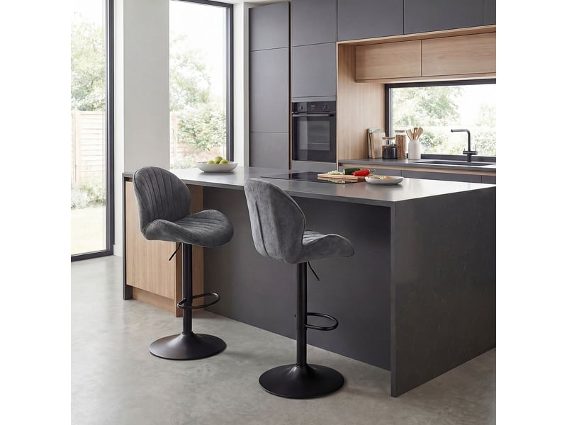  Lot de 2 tabourets de bar design coquillage pivotants réglables acier noir tissu chenille gris  - Conforama B
