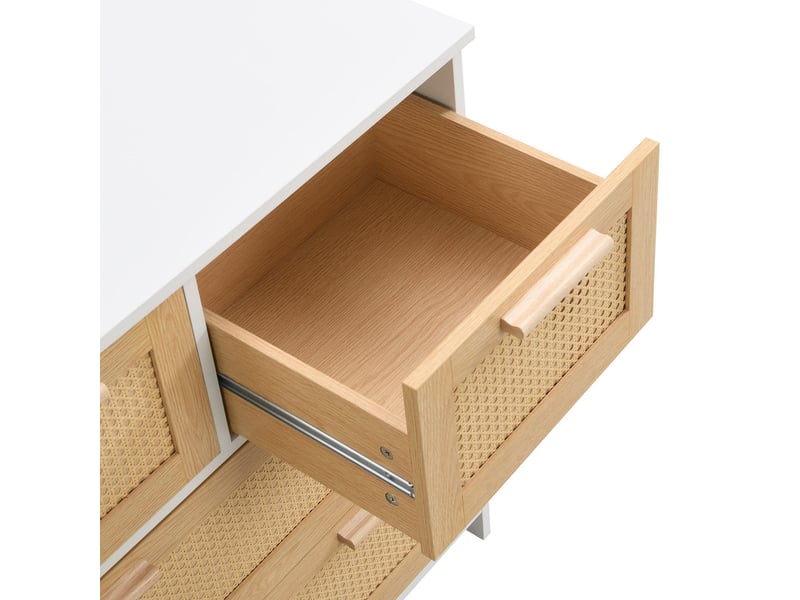  Commode 4 tiroirs, meuble en rotin haut de gamme, poignées en bois massif, l80 x h80 x p38 cm, couleur naturel et blanc  - Conforama E