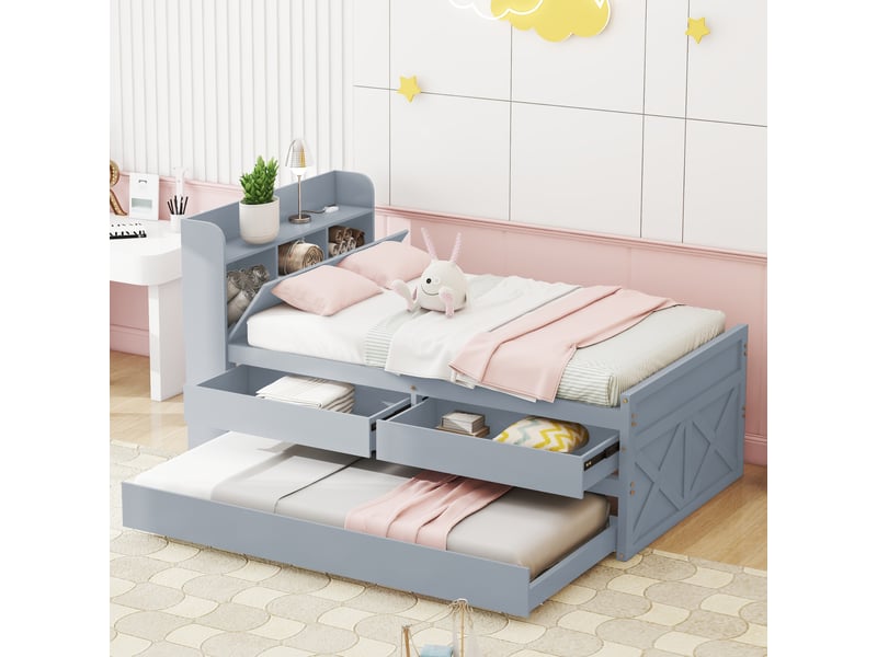  Lit simple 90 x 190 cm avec tiroir et prise usb, lit gigogne, lit enfant, tete de lit avec rangements, lit 1 personne, pin, gris  - Conforama W