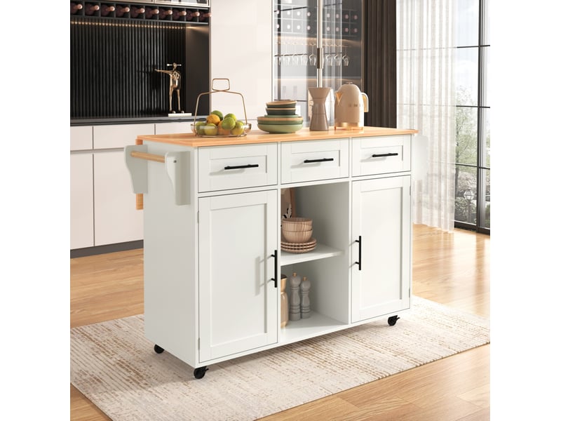 Desserte de cuisine 120x71x91,5 cm avec plateau rabattable et 3 tiroirs, blanc  - Conforama B