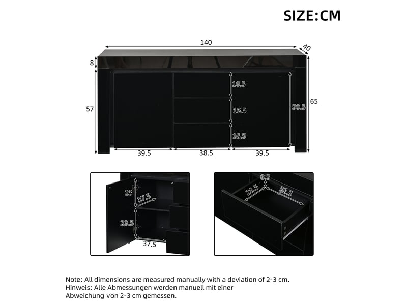 Buffet 140x40x65 cm, 2 portes, 3 tiroirs, éclairage led, design moderne, mdf noir, finition laquée brillante, rangement - Conforama C