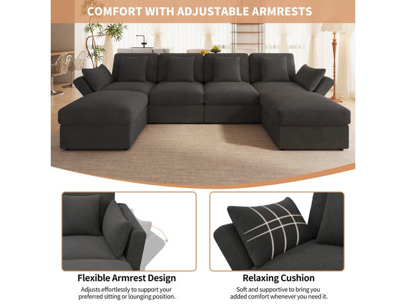  Canapé panoramique en u 4 à 6 places, accoudoirs réglables  - velours côtelé gris - 290 × 159,5 × 89 cm  - Conforama E