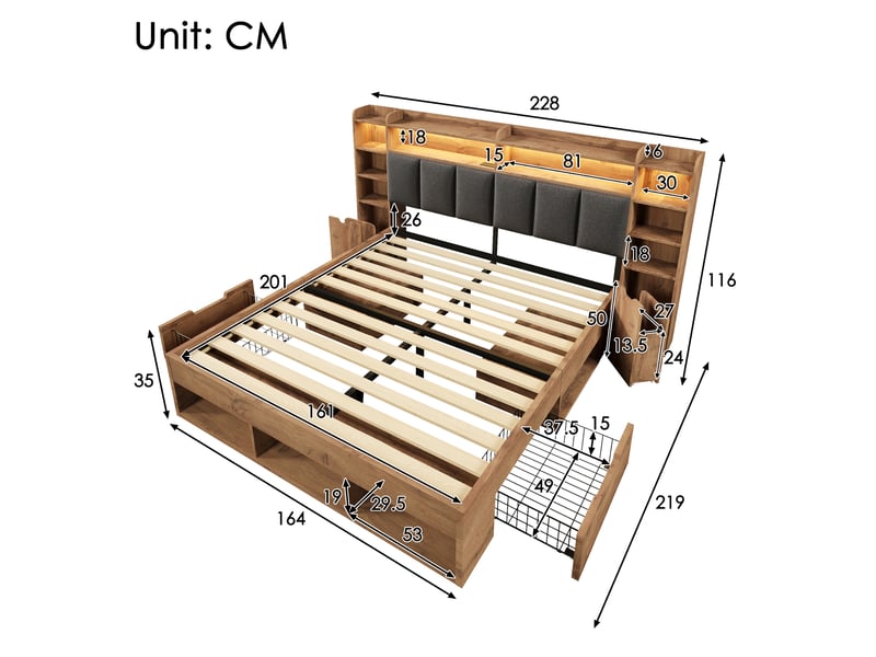  Lit double 160x200 avec rangement - tête de lit led - tables de chevet avec usb et usb-c - sans matelas  - Conforama C