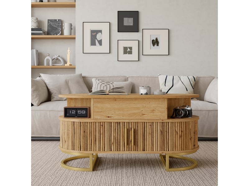 Table basse ovale relevable 100x50x64 cm avec rangement caché, 2 portes coulissantes rainurées, niche, piètement métal doré, mdf effet bois naturel - Conforama C