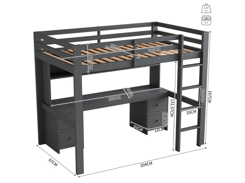  Lit mezzanine 90x200 cm avec bureau, rangements et tiroirs gris  - Conforama C