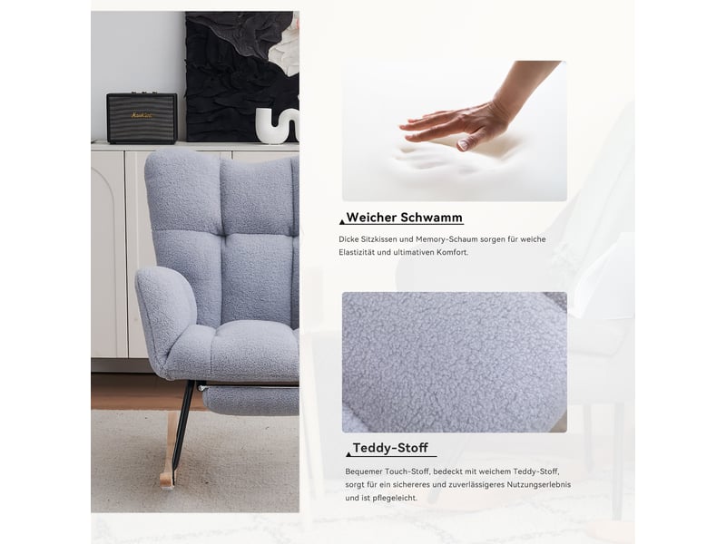 Fauteuil à bascule 80 x 98 x 98,5 cm, repose-pieds pliable, tissu bouclette, cadre métal pour salon chambre bureau - gris - Conforama E