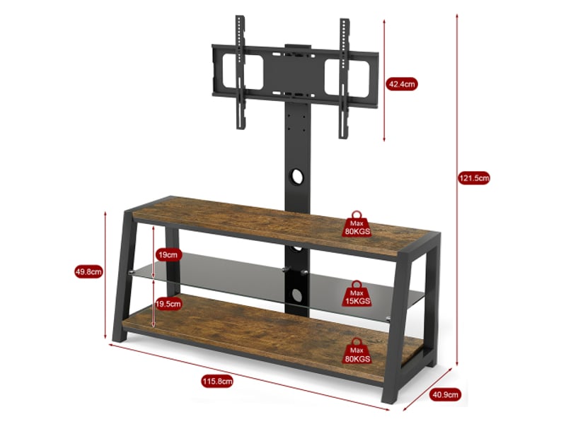 Meuble tv en bois avec verre trempé noir, socle réglable et pivotant, fixation murale brun h125 x b116 x t42 cm - Conforama C