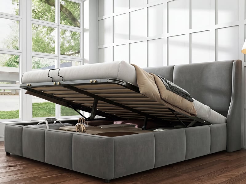  Lit coffre 140 x 190 avec rangement hydraulique, lit 2 personnes avec sommier à lattes et tête de lits rembourré, sans matelas, velours gris  - Conforama B