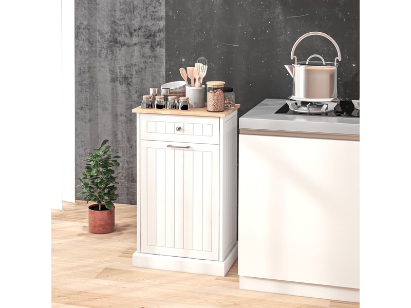  Meuble de cuisine avec support pour poubelle de 38 litres et tiroir, blanc  - Conforama D