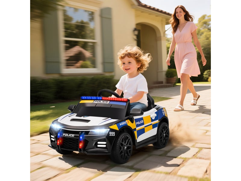  Voiture de police électrique 12 v pour enfants avec télécommande, sirène, gyrophare, musique et klaxon, double moteur, suspension, blanche  - Conforama C