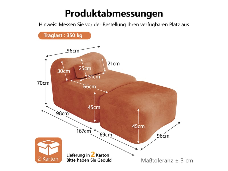 Fauteuil avec pouf - 96x167x70 cm - chauffeuse méridienne modulable velours, mousse 32d sans structure rigide 350kg - orange  - Conforama E