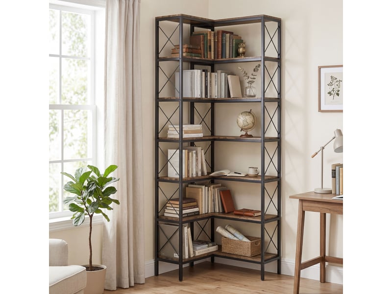  Bibliothèque d'angle à 6 niveaux, meuble de rangement en métal pour salon, chambre, bureau, 60x60x200cm, brun rustique  - Conforama D