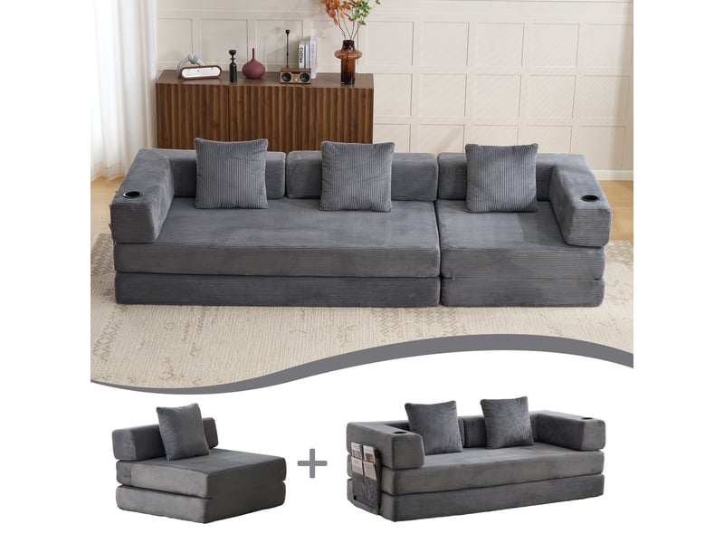 Canapé convertible, canapé-lit, gris foncé, poches latérales, porte-gobelets, pour salon, en velours tricoté, chambre - Conforama R