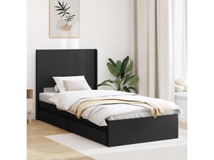 Lit adulte, lit simple, cadre de lit avec rangement et tête de lit noir 90x190cm cf1814