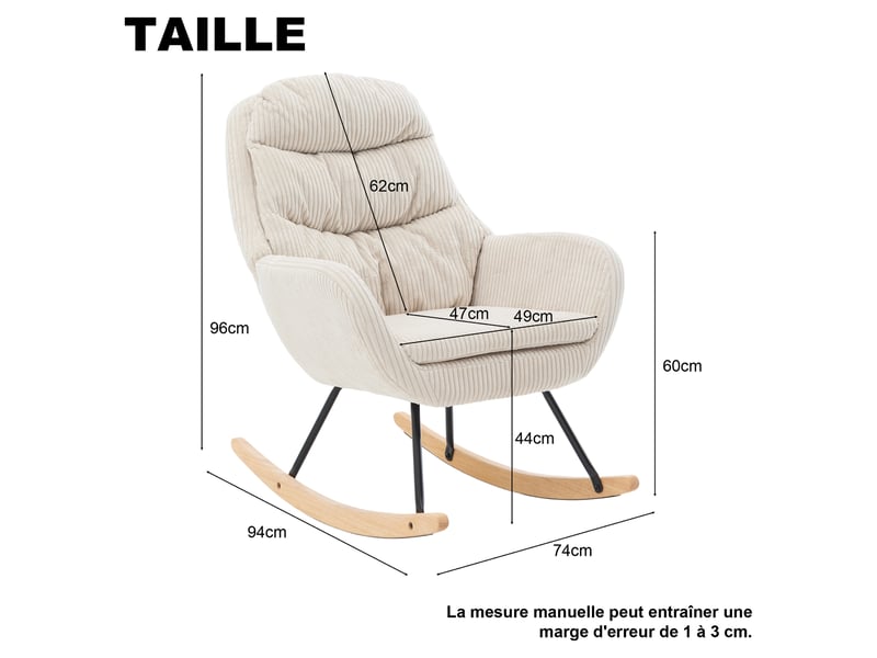  Fauteuil à bascule ulevr en velours côtelé beige, assise à ressorts ensachés, structure métal et bois, 74 x 94 x 96 cm  - Conforama C