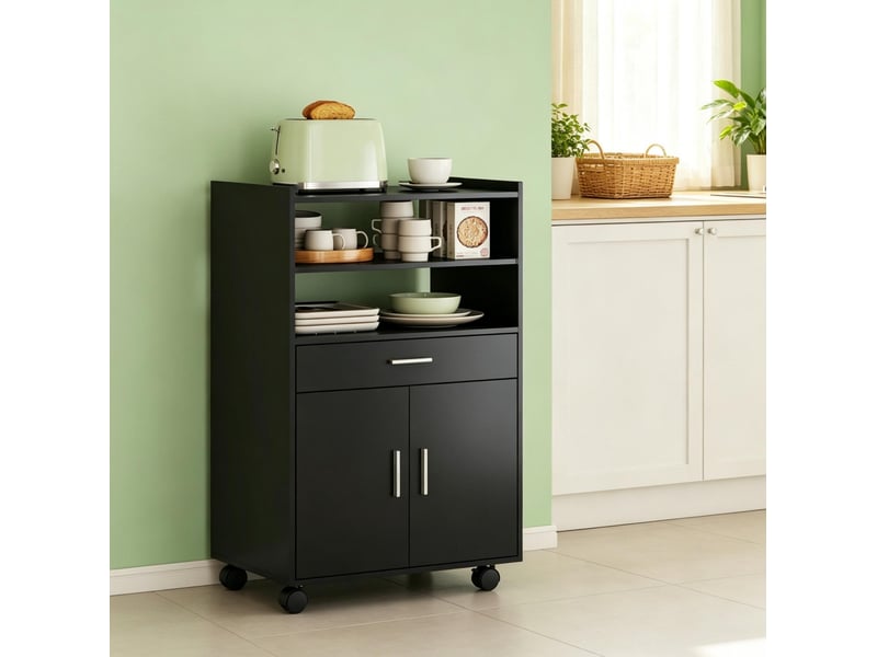  Desserte micro-ondes 59x40x92 cm – noire – 4 roulettes, placard, tiroir et tablette coulissante  - Conforama D