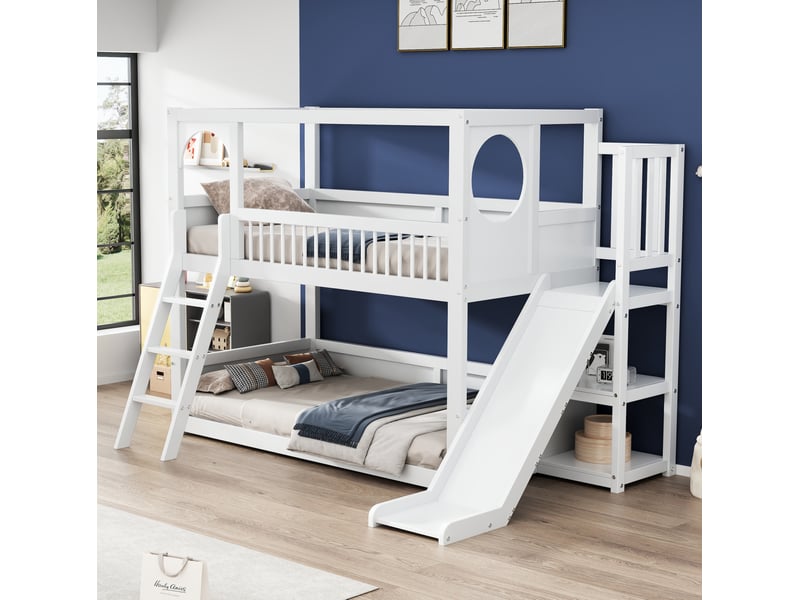 Lit superposé enfant 90x200 cm blanc avec rangements et toboggan sans matelas ORFRN634W0023W-1 - Conforama B