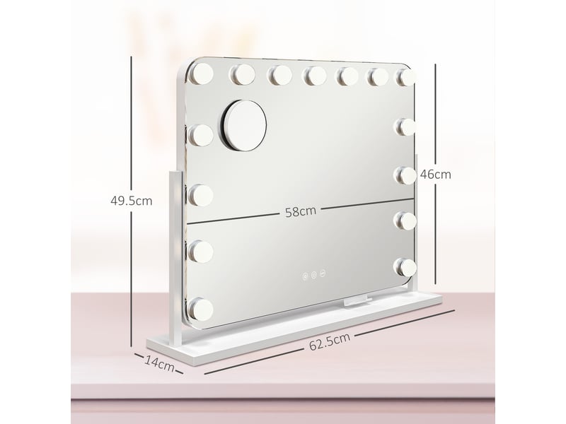  Miroir de maquillage avec 14 led réglables et chargement usb, verre et métal, 62,5 x 14 x 49,5 cm, blanc  - Conforama E