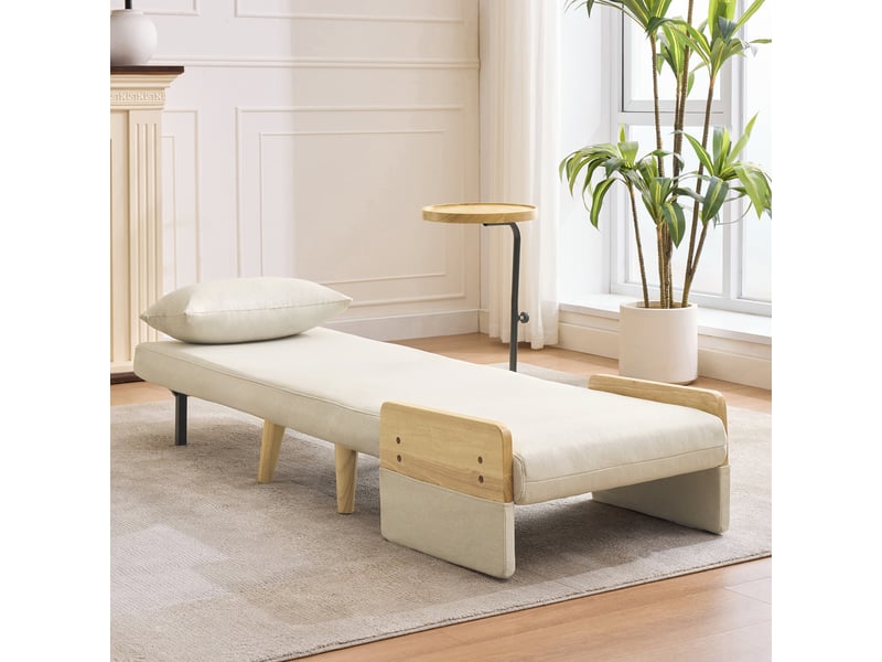 Fauteuil convertible 3 en 1 avec dossier réglable, tablette pivotante et coussin, pour salon, en lin beige - Conforama D