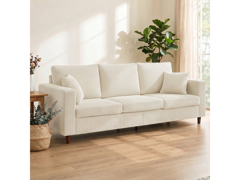  Canapé 3 places en velours côtelé, canapé de salon moderne 225 cm, assise large, coussin à ressorts, crème  - Conforama B