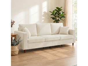 Canapé 3 places en velours côtelé, canapé de salon moderne 225 cm, assise large, coussin à ressorts, crème