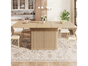 Table à manger extensible 140 à 180 cm avec rangement caché, plateau coulissant et façades rainurées, effet bois clair