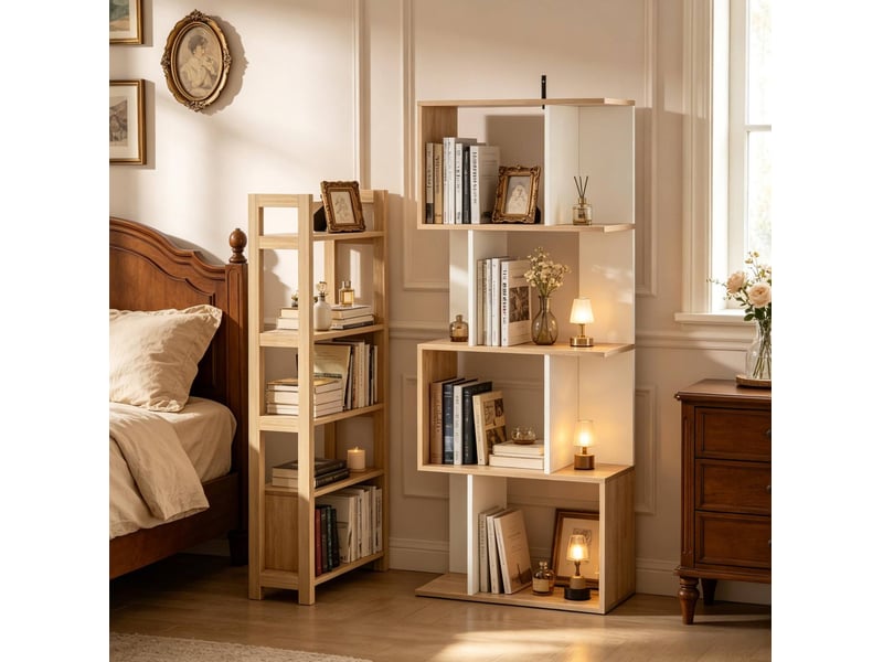  Bibliothèque en s avec 4 étagères, rangement ouvert bicolore bois naturel et blanc  - Conforama E