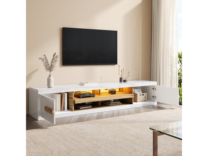  Meuble tv 200x40x38 cm, banc tv, meuble télévision, salon, éclairage led, 2 portes, rangement, panneaux de particules, blanc CozyNest - Conforama D