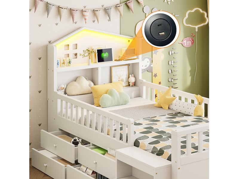  Lit enfant 90 x 200 cm blanc en bois, 4 tiroirs, marches de rangement, led, usb type-c et barrières  - Conforama E