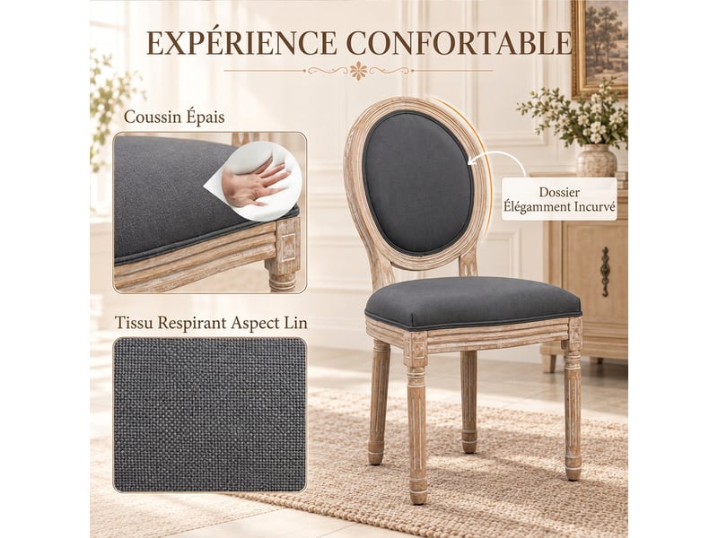  Lot de 2 chaises de salle à manger, assise et dossier rembourrés en effet lin, chaises médaillon style louis xvi, gris  - Conforama E